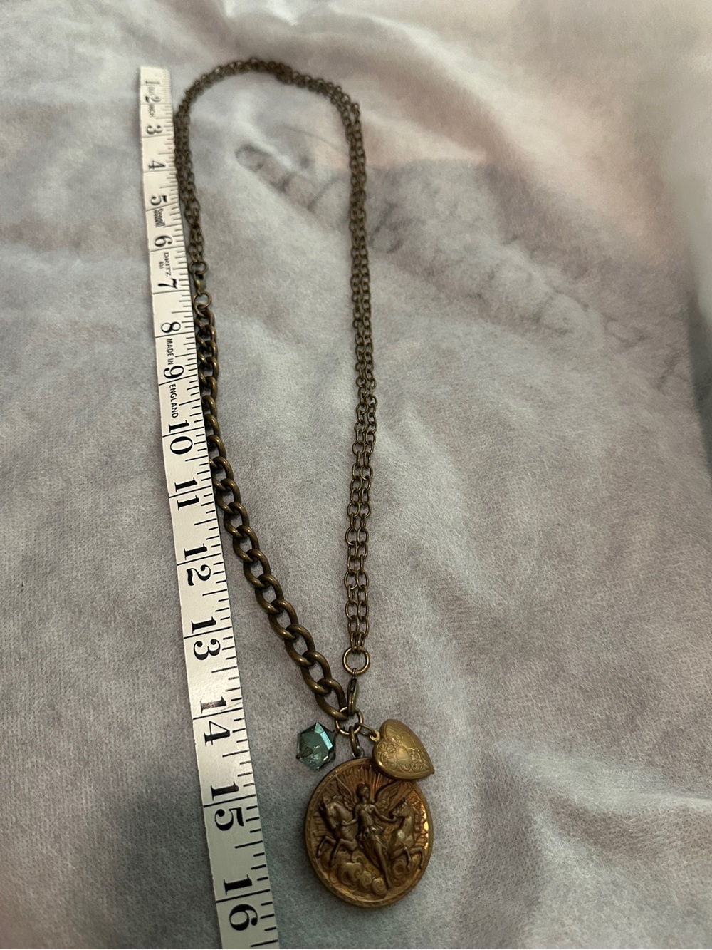 Antique-Style Bronze Angel Medallion with a Heart and blue jewel necklace - Picture 3 of 4